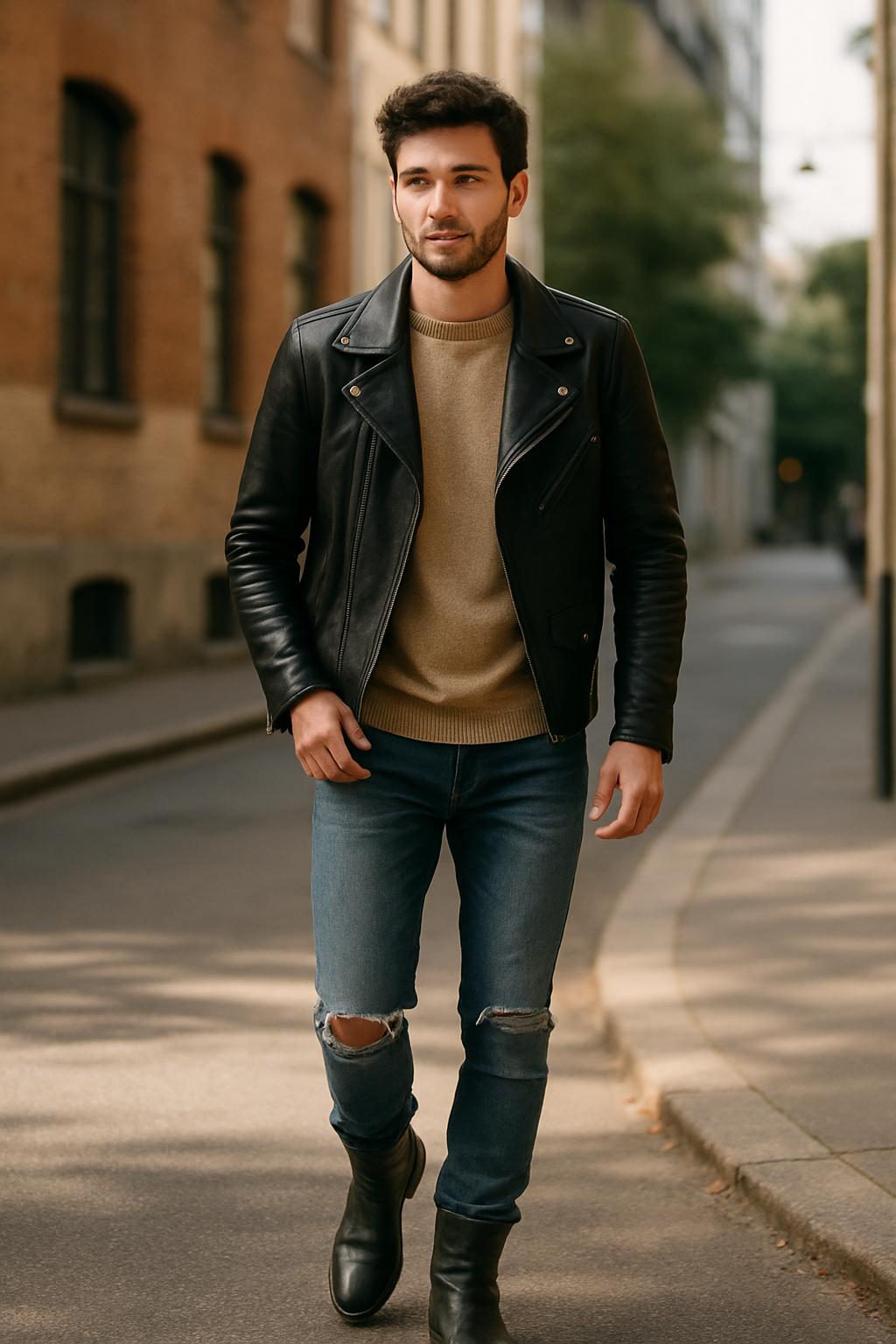 Man walking in a city wearing leather biker boots, distressed jeans, and a leather jacket.