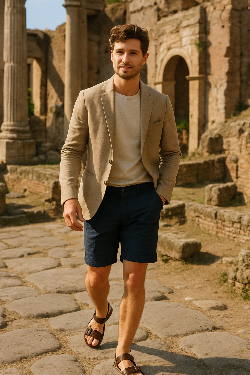 A man wearing classic leather sandals, tailored shorts, and a blazer, walking through ancient ruins.