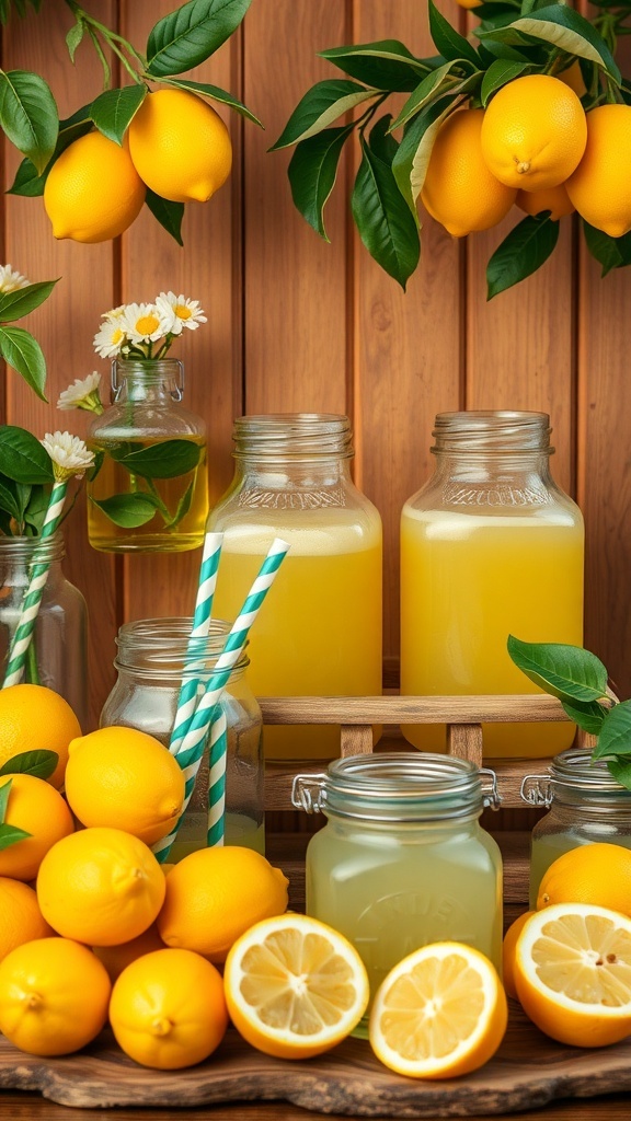 A charming lemonade station with jars of lemonade, fresh lemons, and green leaves.