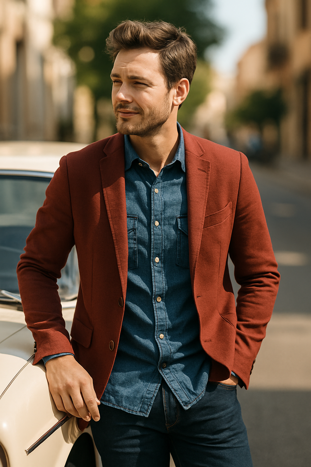 Man wearing a red blazer over a denim shirt, standing by a vintage car.