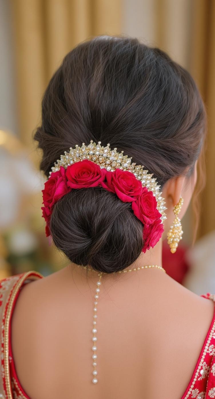 A classic low chignon hairstyle adorned with red roses and a pearl hair accessory.