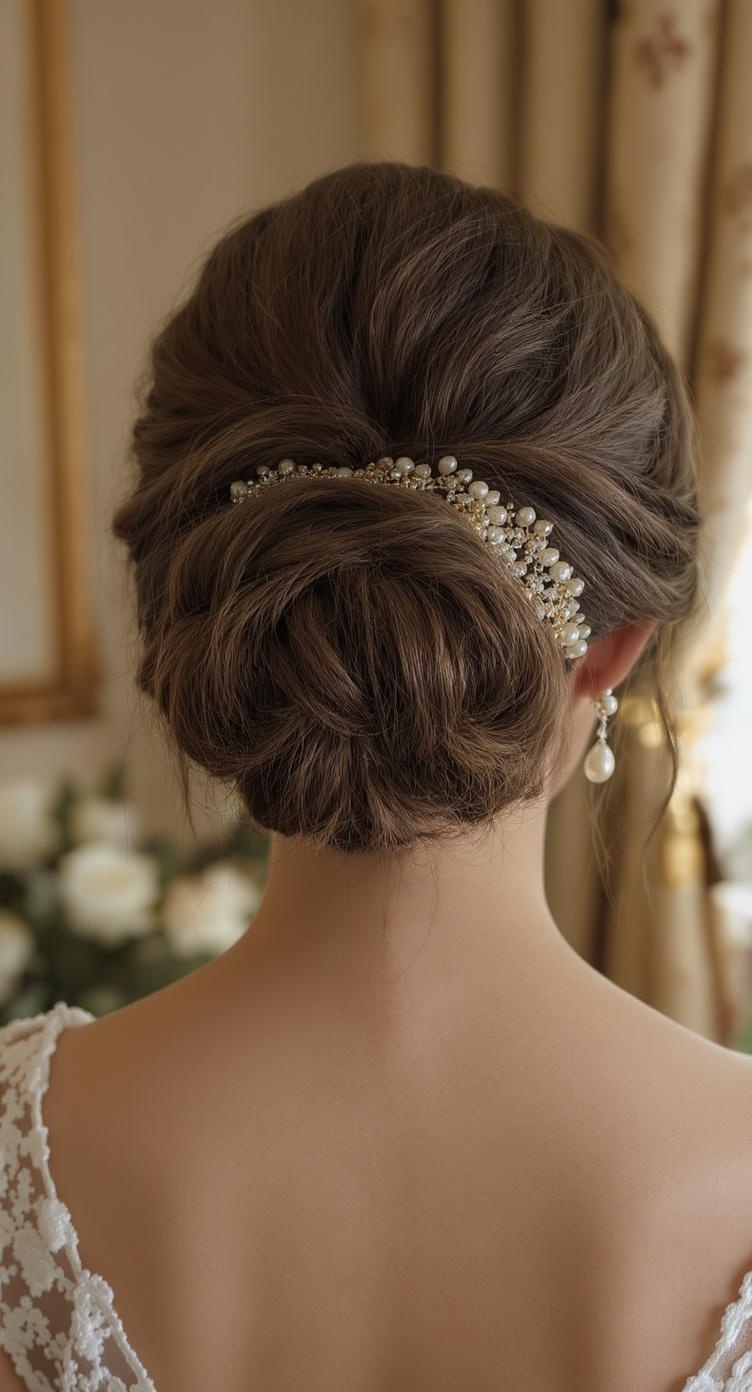 A classic low curly bun hairstyle for a wedding, featuring a delicate hairpiece and elegant earrings.