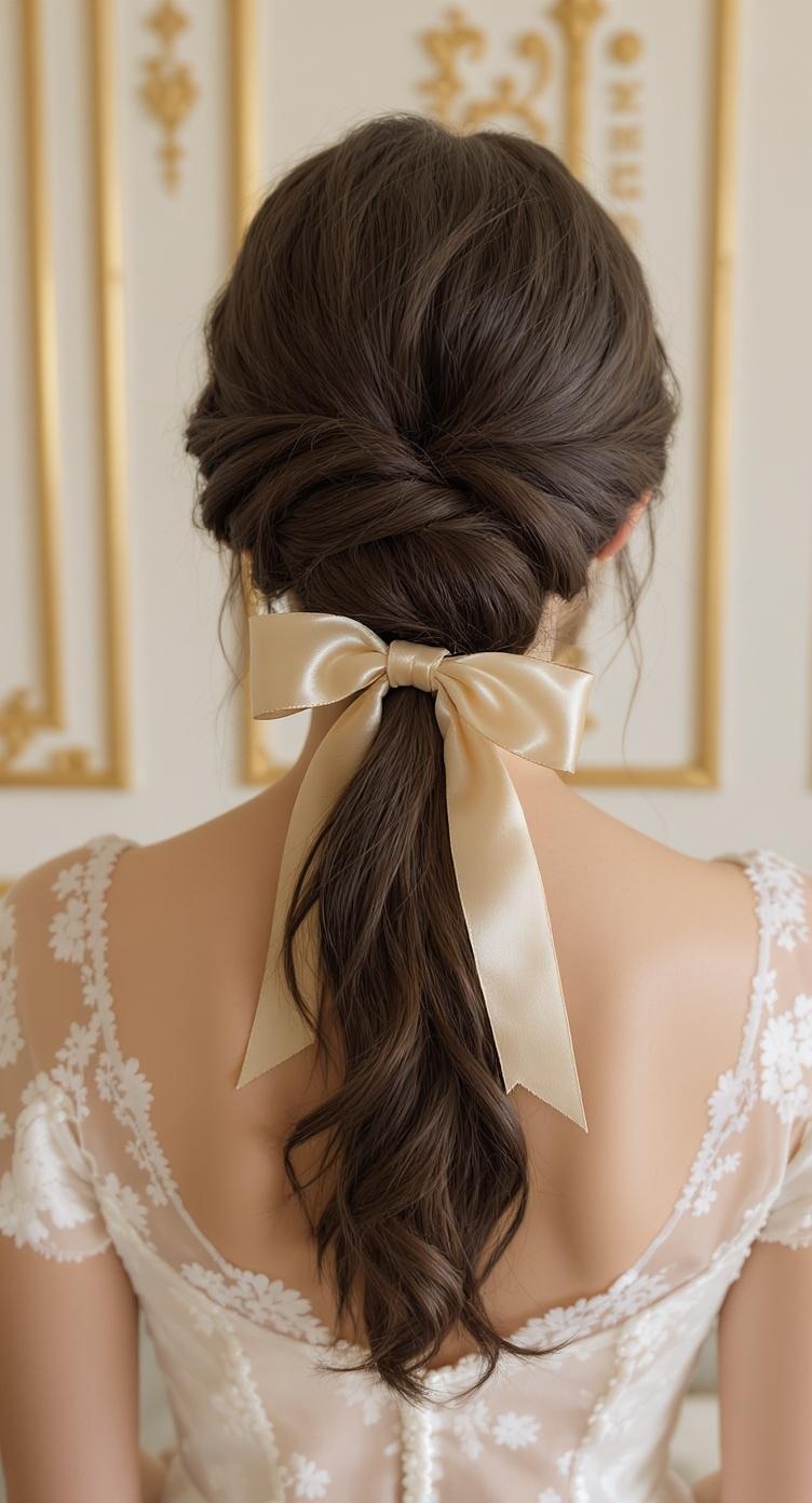 A classic low ponytail hairstyle adorned with a ribbon, showcasing elegance and simplicity.