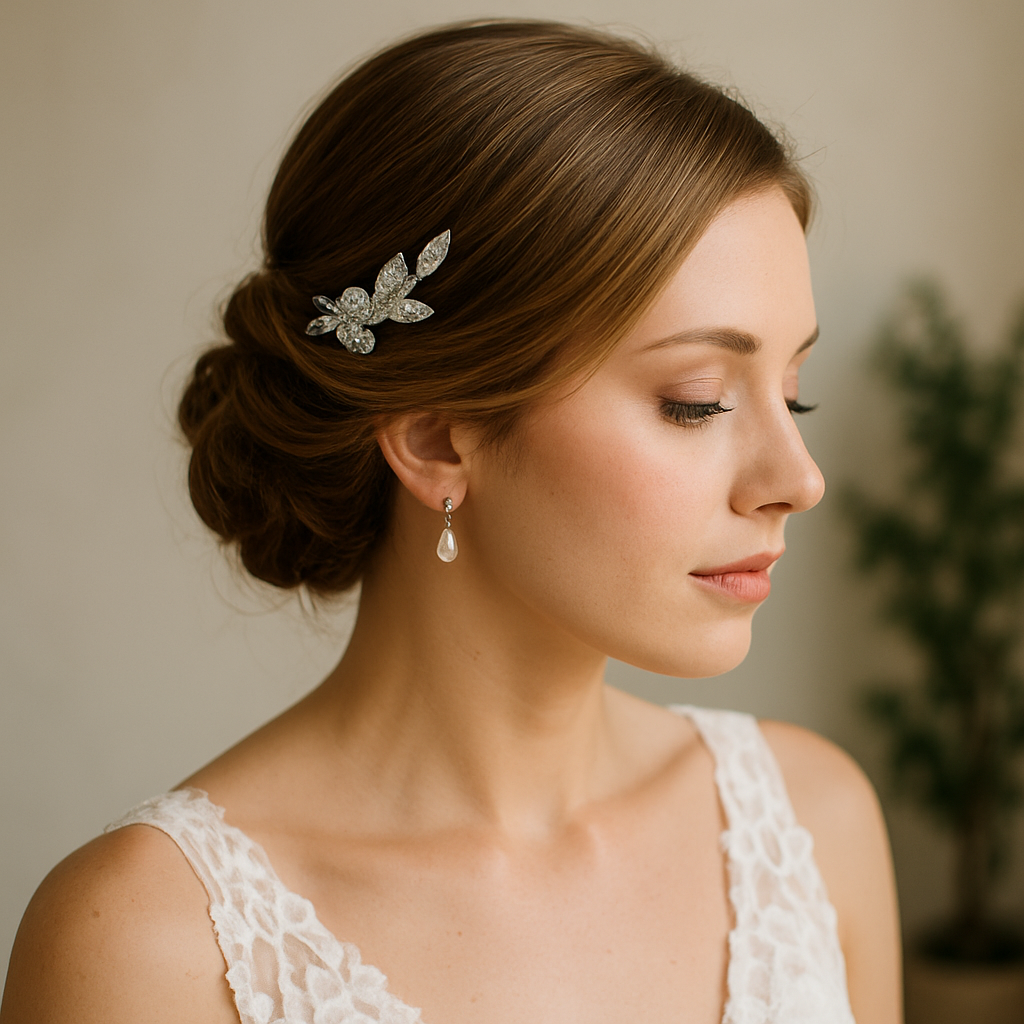 A close-up of a bride'smaid hairstyle featuring a classic low twist with rhinestone clips.
