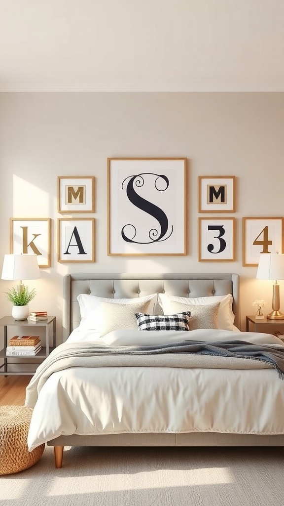 A cozy bedroom featuring classic monogram art with a large 'S' in the center and other letters and numbers framed around it.