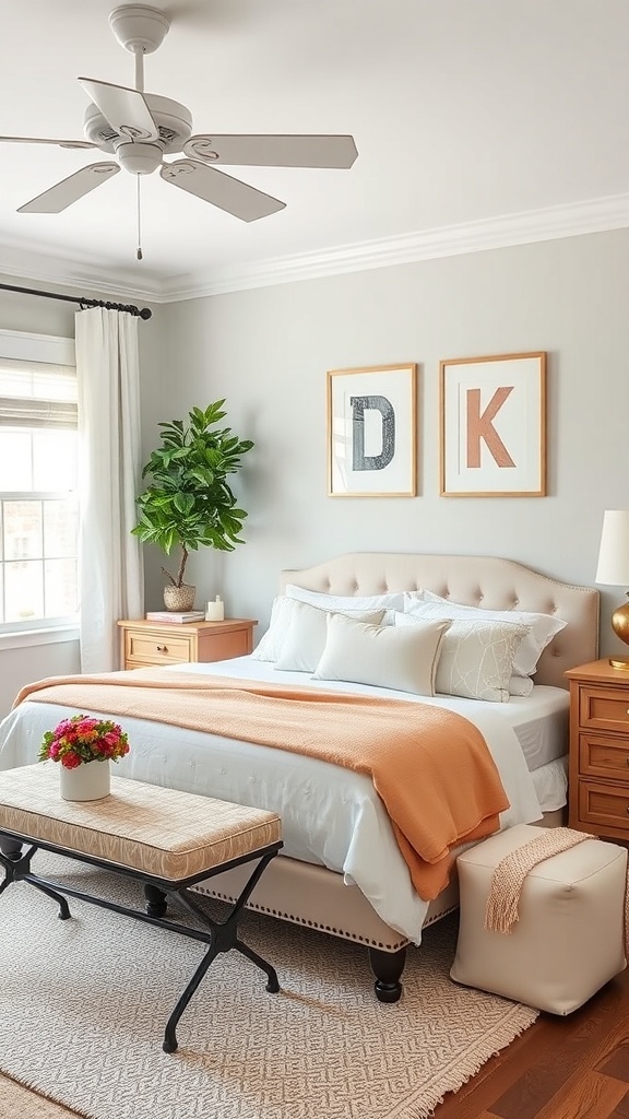 A preppy teen bedroom featuring classic monogrammed accents with framed initials 'D' and 'K' on the wall.