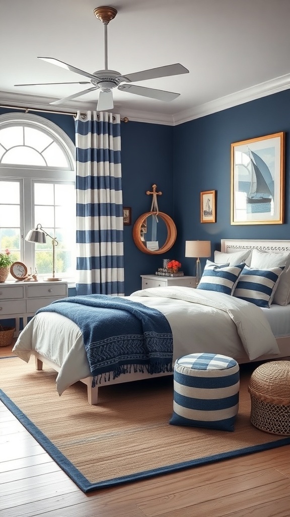 A children's bedroom with a nautical theme featuring blue walls, striped curtains, and cozy bedding.