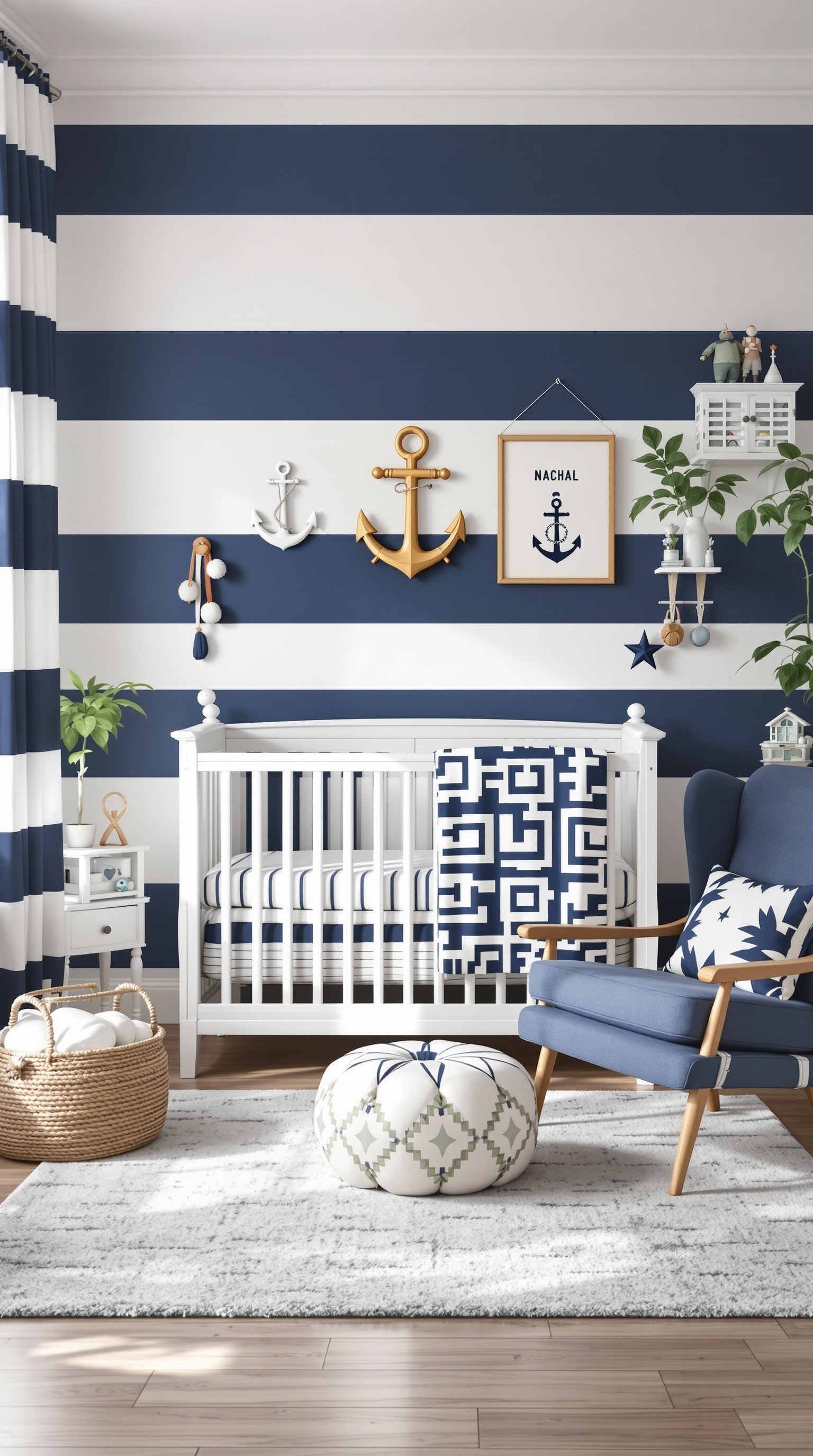 A beautifully decorated baby room with a classic nautical theme featuring navy and white stripes, a crib, and nautical decor.
