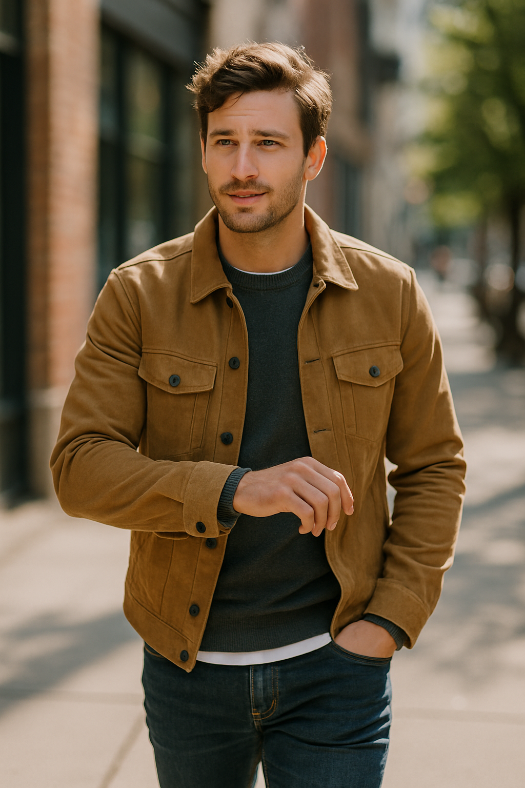 A man wearing a classic navy blazer, looking stylish and elegant.