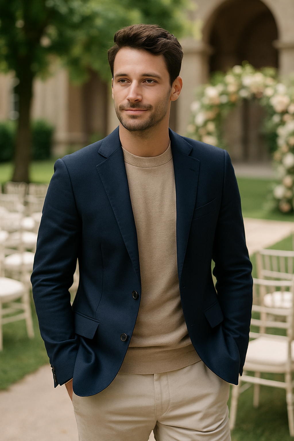 A man wearing a navy blazer and light trousers, standing outdoors with a wedding setup in the background.