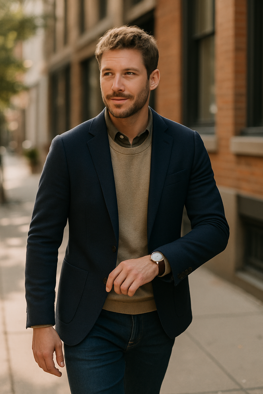 A man wearing a tailored navy blazer over a sweater, walking in an urban setting.