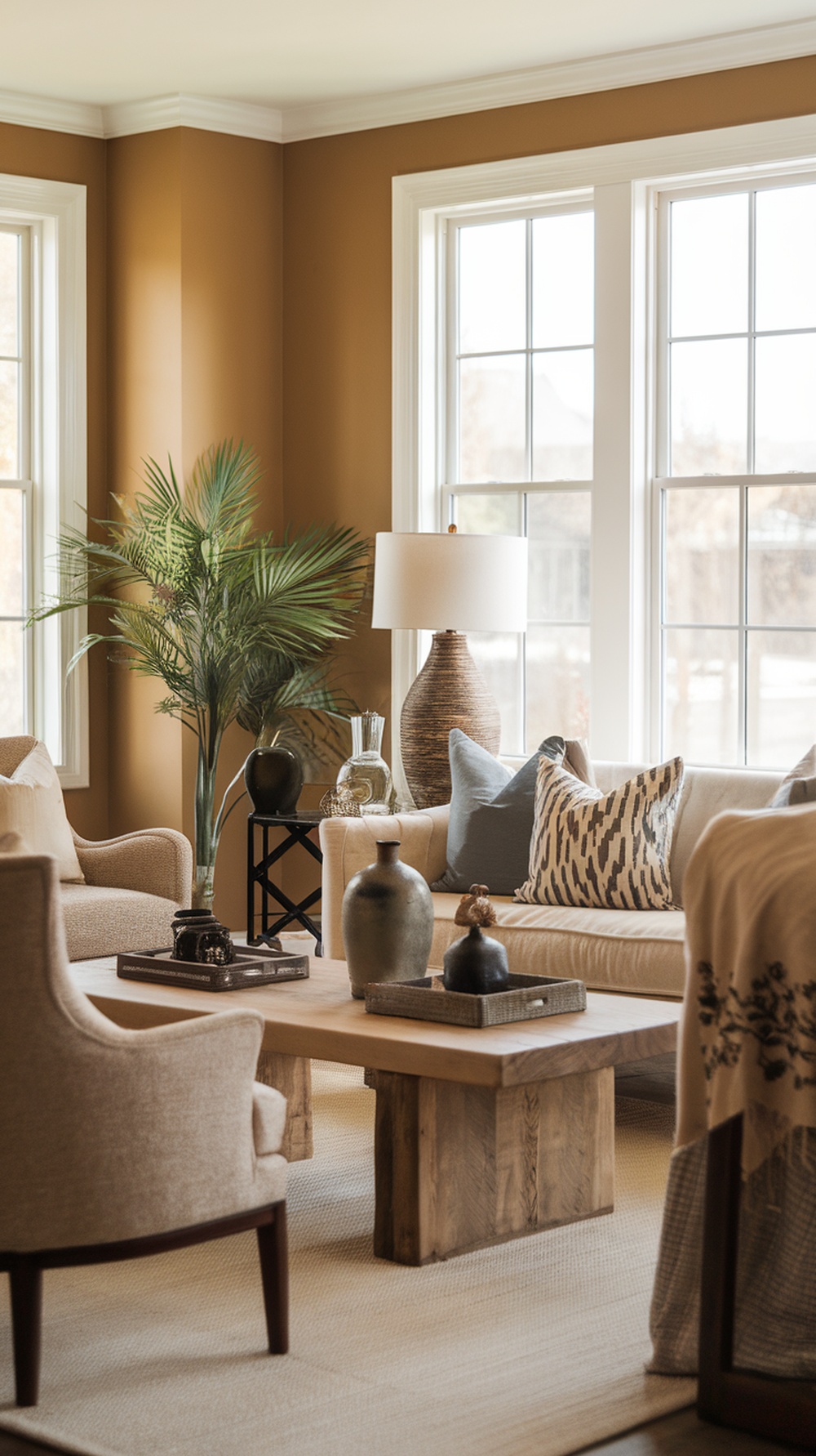 A cozy living room with vintage Christmas decor featuring a classic nutcracker collection.