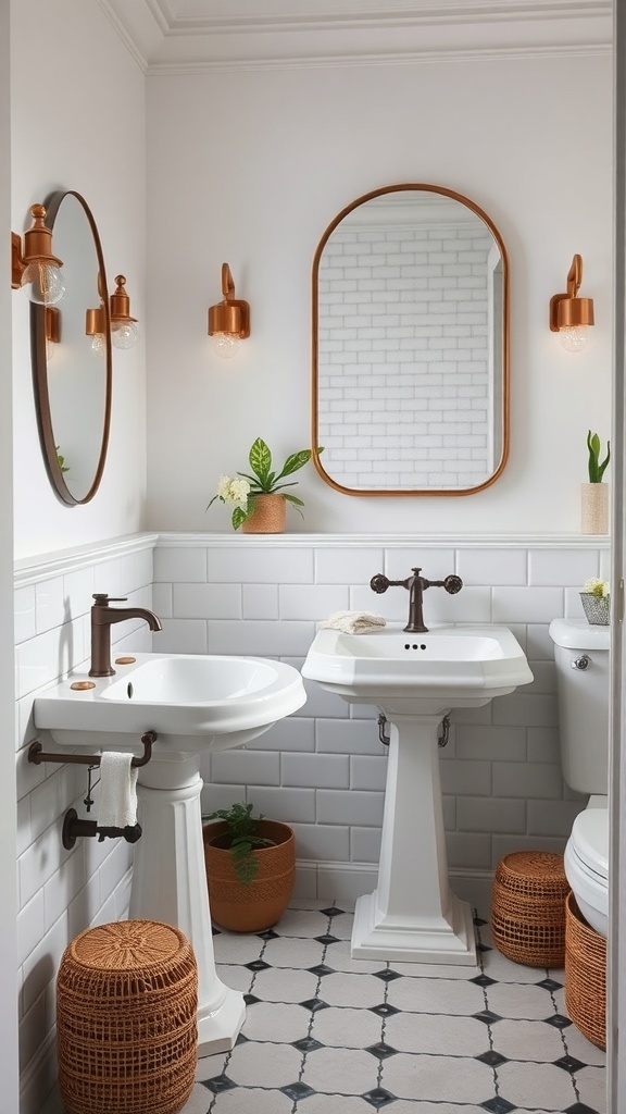 A stylish bathroom featuring two classic pedestal sinks, warm copper accents, and natural decor.