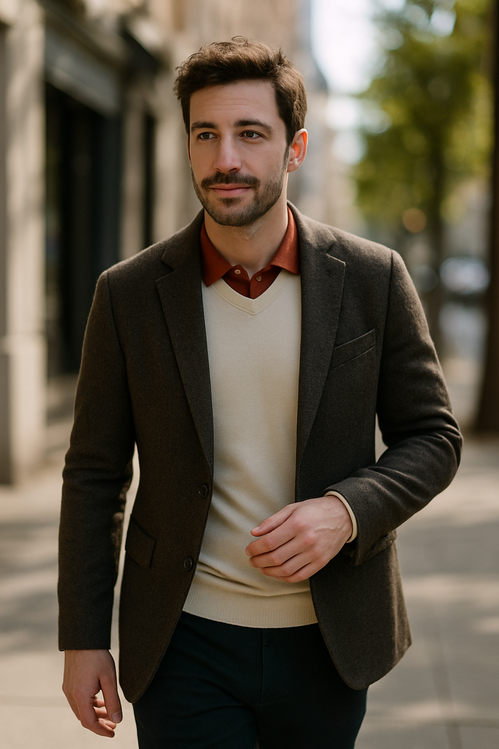 A man wearing a classic polo shirt under a blazer, walking outdoors.
