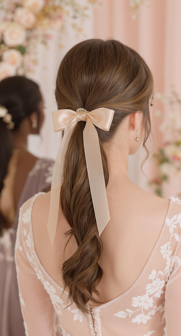 A classic ponytail hairstyle with a chic ribbon tie, worn by a bridesmaid.