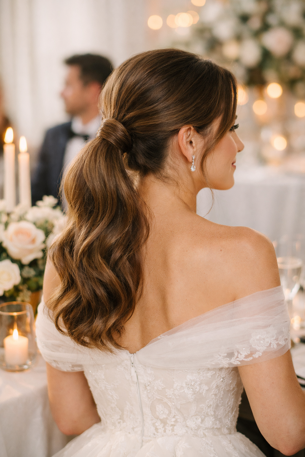 A close-up of a woman with a classic ponytail hairstyle wrapped with matching hair, set against a wedding backdrop