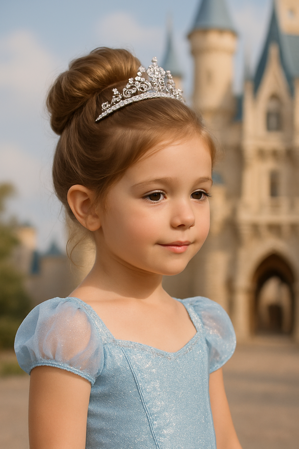 A young girl with a classic princess updo hairstyle and a tiara, wearing a blue dress, in front of a castle.