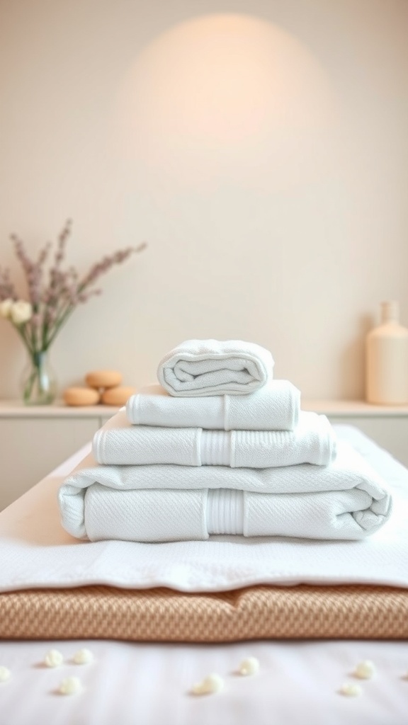 A neatly folded pyramid of white towels on a soft surface, with a calming background.