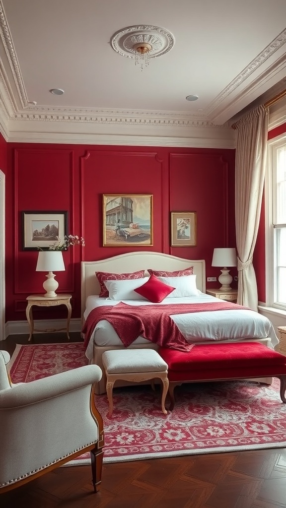 A romantic bedroom featuring classic red walls and cream accents, with elegant furniture and soft lighting.