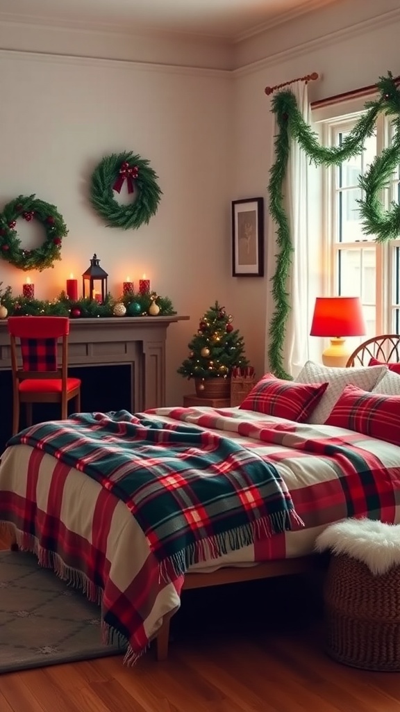 A cozy bedroom decorated for Christmas with a red and green theme, featuring a plaid blanket, wreaths, and soft lighting.