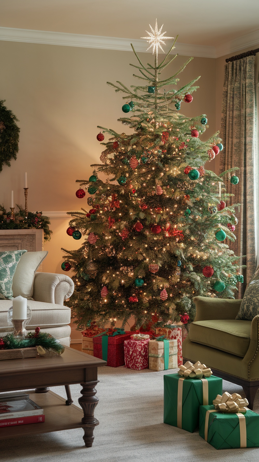 A beautifully decorated Christmas tree with red and green ornaments, a star on top, and wrapped gifts underneath.