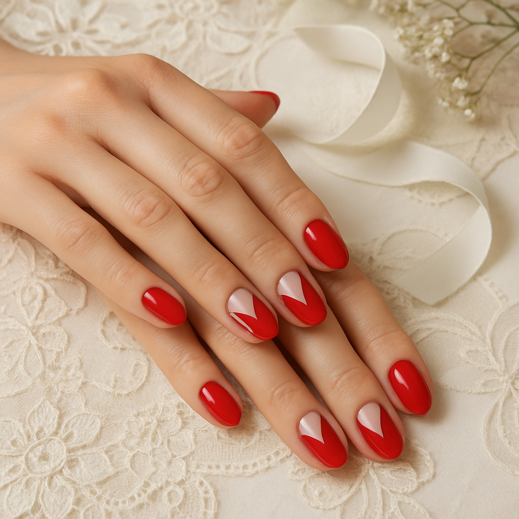 A hand with classic red nails featuring a modern triangular design at the base, set against a soft background.