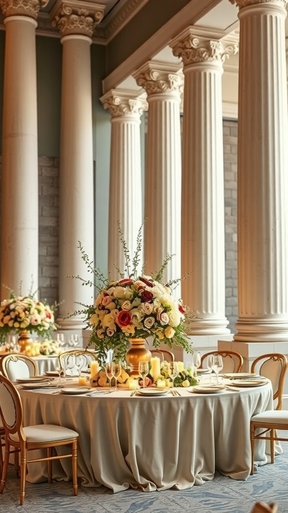 Elegant bridal shower setting with floral arrangements and columns.
