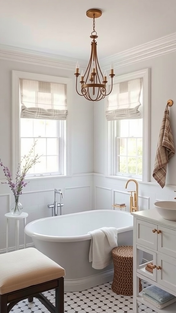 A bright bathroom featuring classic Roman shades on the windows, a freestanding bathtub, and elegant decor.