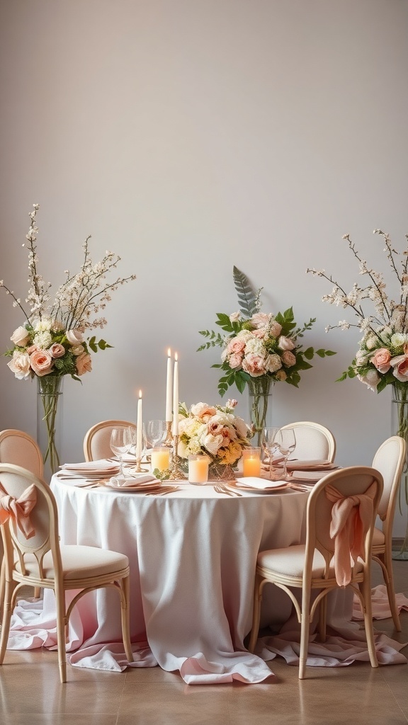 An elegantly set table for a bridal shower with soft pastel colors, floral arrangements, and candles.