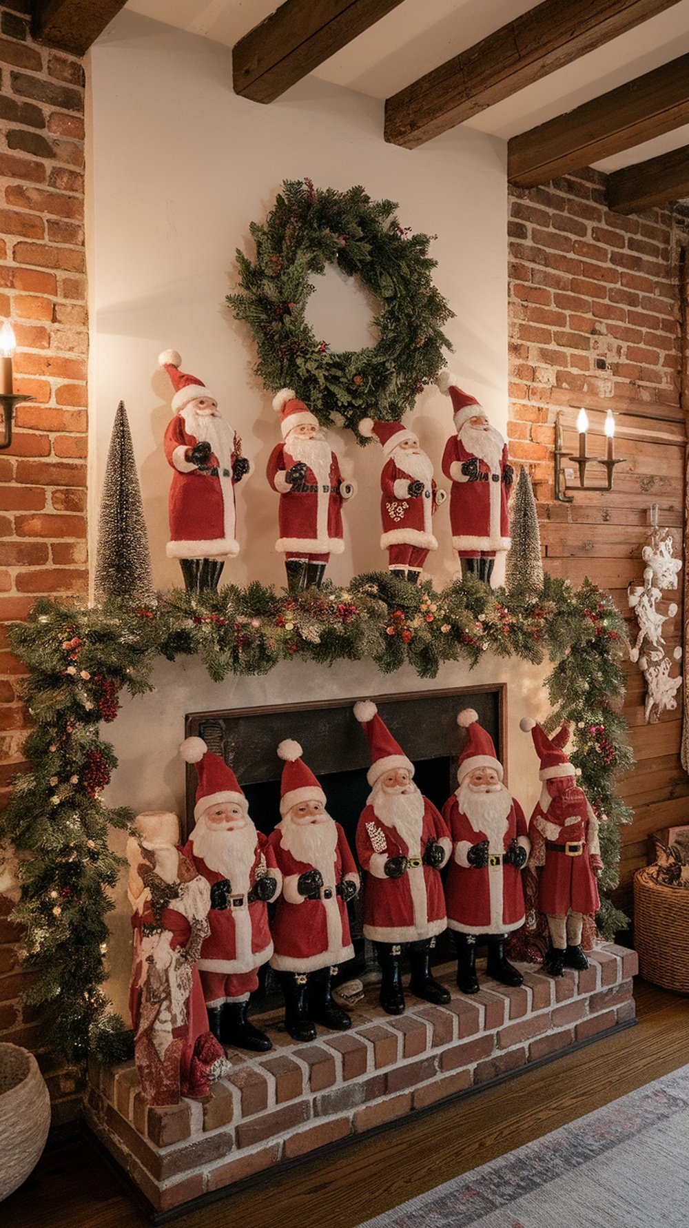 A collection of classic Santa figurines displayed on a fireplace mantel, surrounded by holiday decorations.