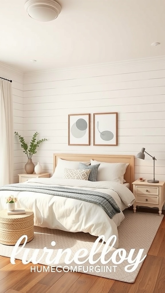 A cozy bedroom featuring a classic shiplap accent wall with whitewashed boards, wooden furniture, and minimalist decor.
