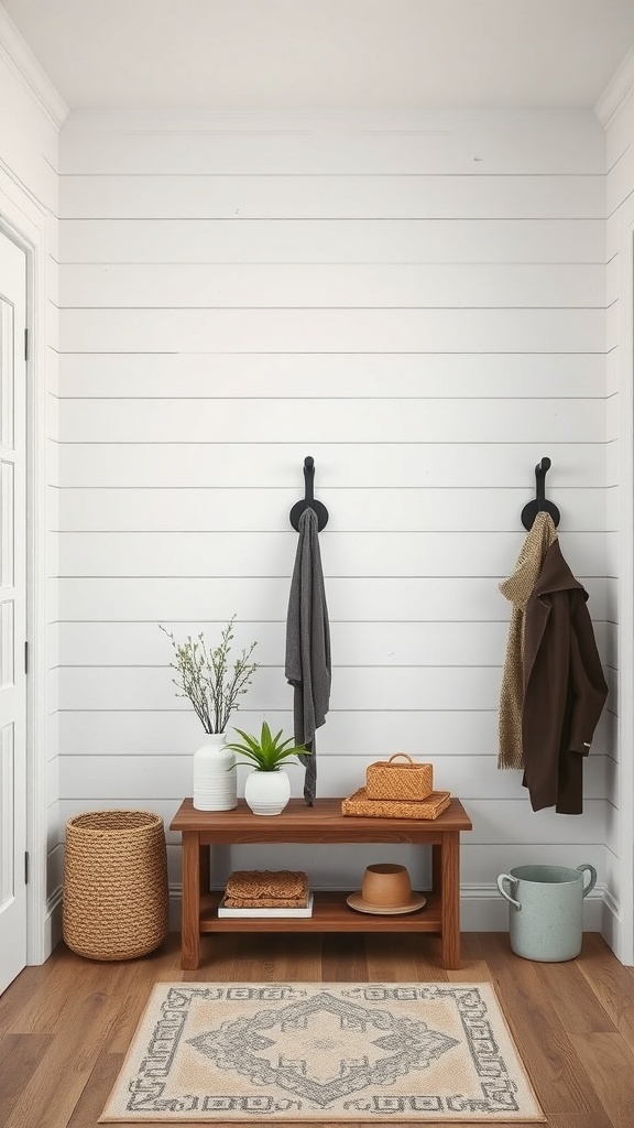 Entryway with classic shiplap wall, hooks, wooden table, and decorative items.