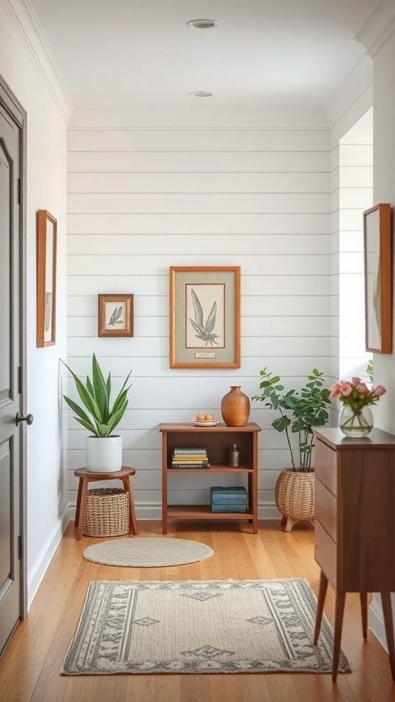 A hallway with classic shiplap paneling, featuring framed artwork and plants.