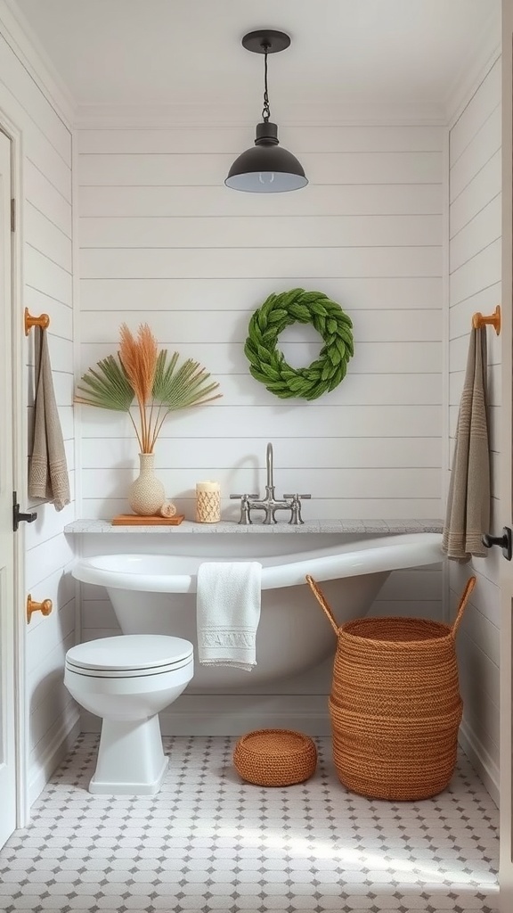 A bathroom featuring classic white shiplap walls, a freestanding bathtub, and warm decorative elements.