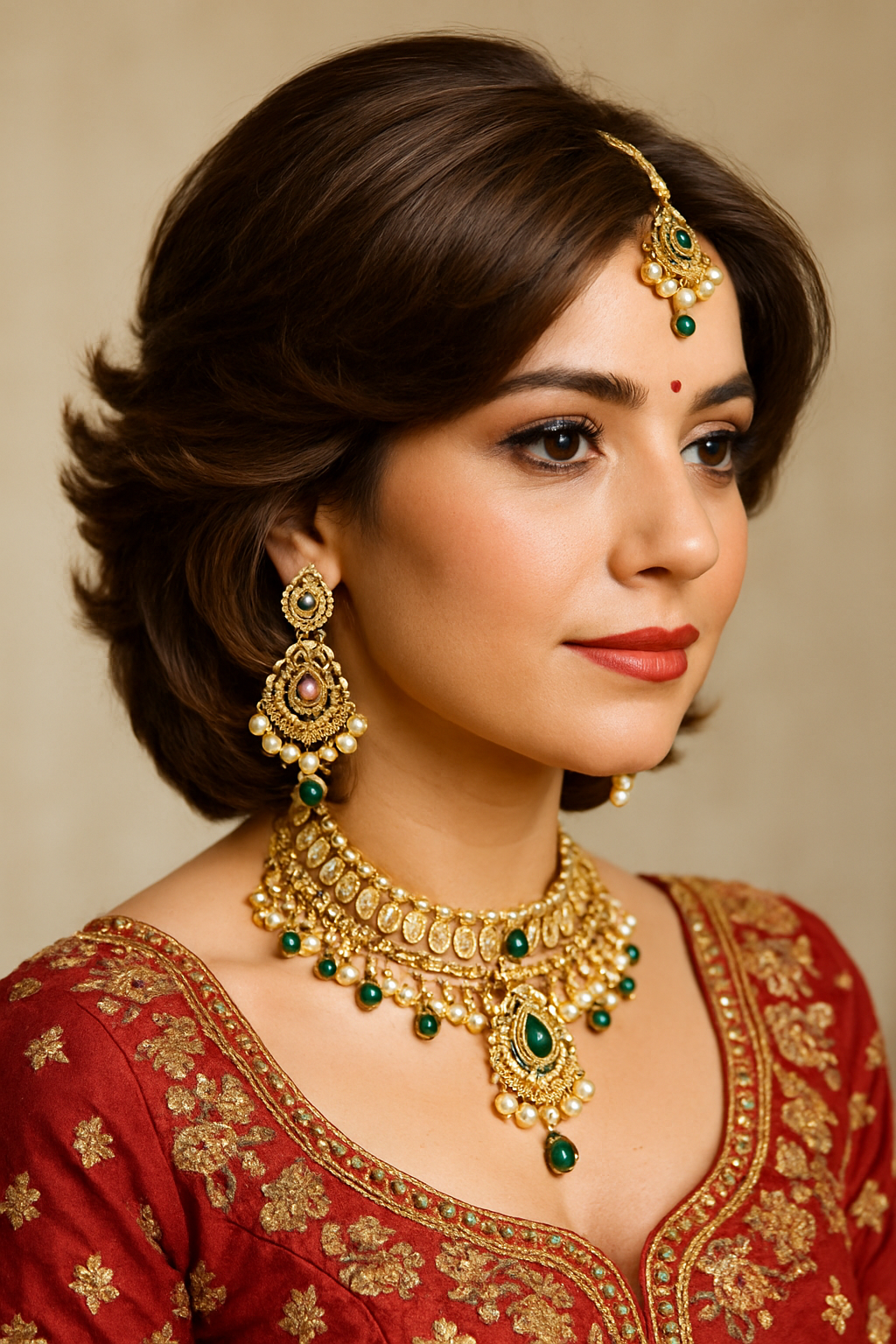 Bride with classic short layered haircut wearing traditional Indian jewelry