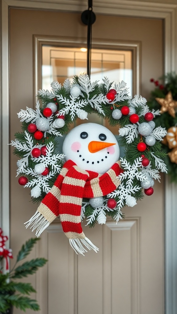 A classic snowman wreath with a scarf, featuring a snowman face, red and silver ornaments, and snowflakes.