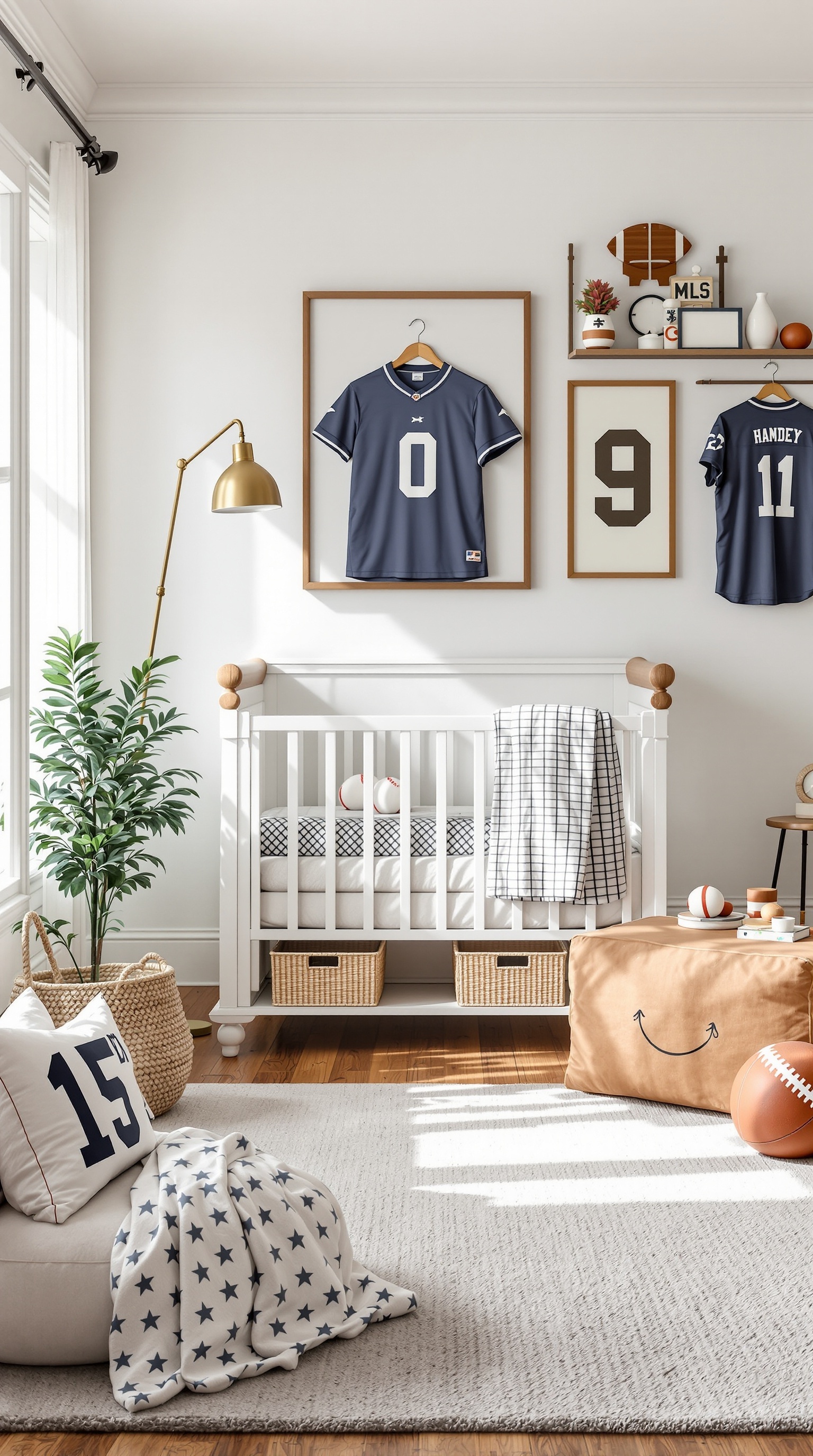 A baby boy's room decorated in a classic sports theme with jerseys, a crib, and playful sports items.
