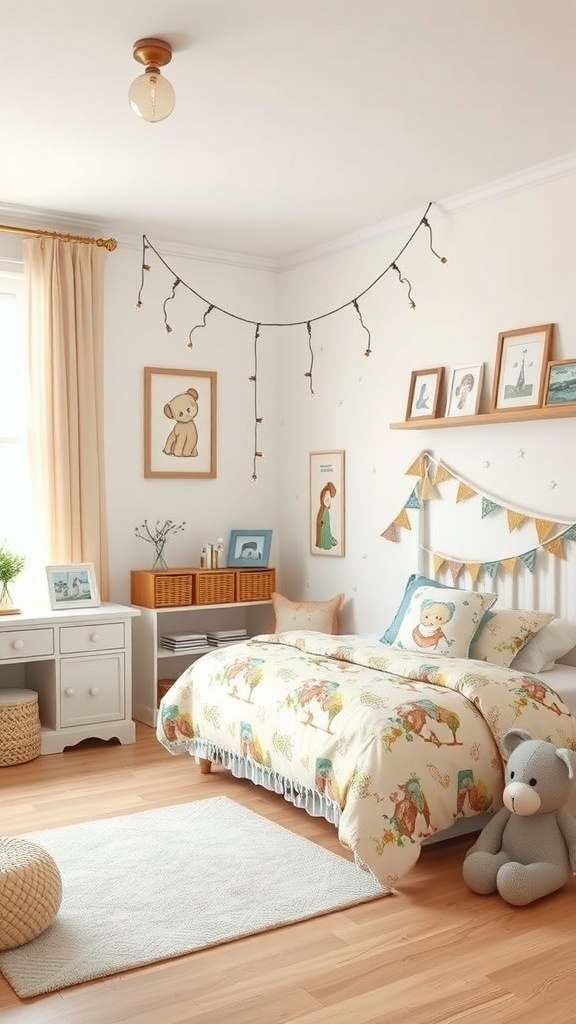 A cozy children's bedroom with storybook character decor, soft bedding, and warm lighting.