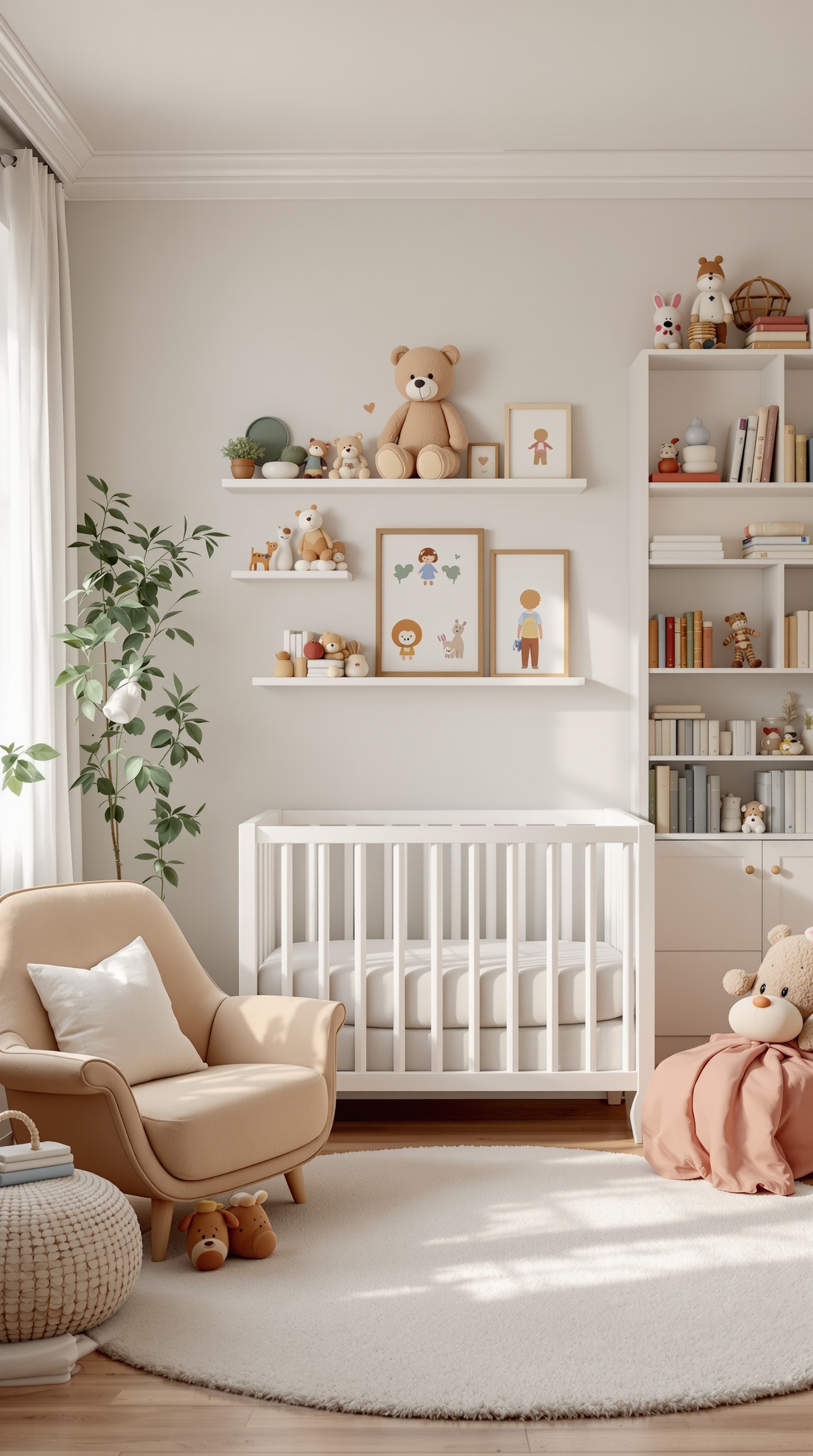 A cozy baby room featuring a crib, plush toys, and storybook-themed decor.