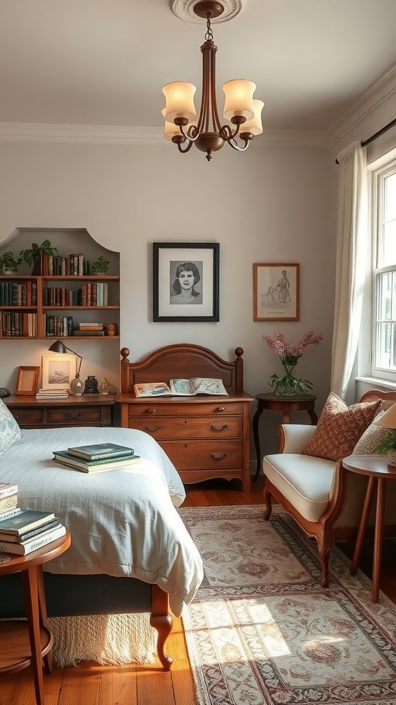 A cozy children's bedroom featuring wooden furniture, a soft blue bedspread, a small bookshelf, and a comfortable reading nook.