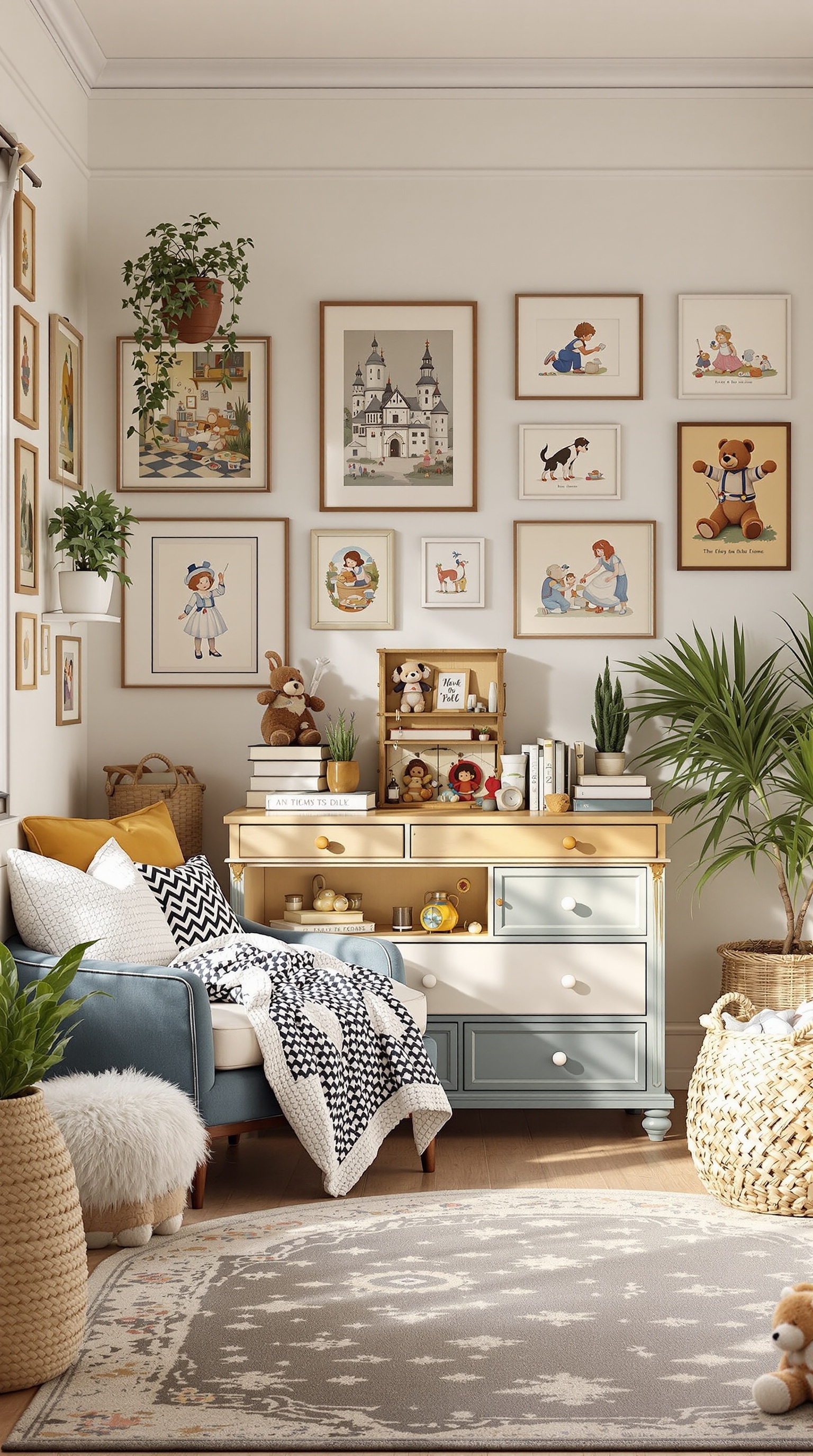A vintage toddler room featuring storybook-themed decor, colorful furniture, and cozy seating.