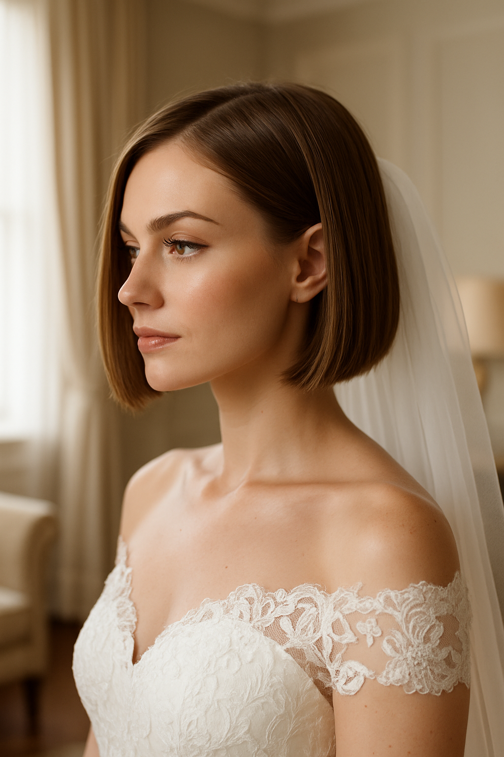 Bride with a classic straight bob hairstyle and veil, wearing an off-shoulder wedding dress.