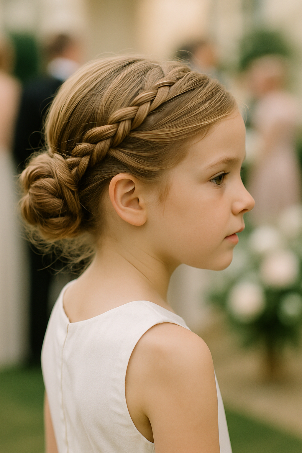 A young girl with straight hair styled in a braided bun, wearing a headband at a wedding.