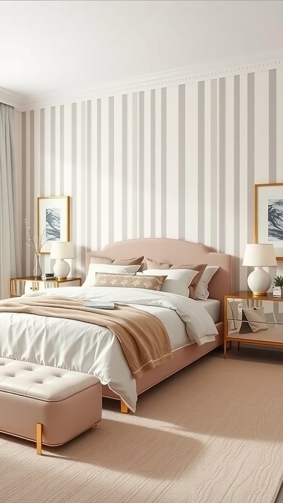 A bedroom with a classic striped accent wall in light colors, featuring a cozy bed and elegant decor.