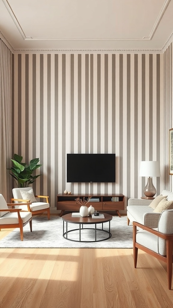 Living room with classic striped wallpaper, wooden furniture, and a cozy atmosphere.