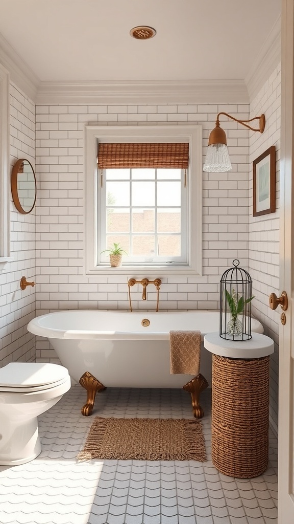 A stylish bathroom featuring classic subway tiles, a clawfoot tub, and warm accents.