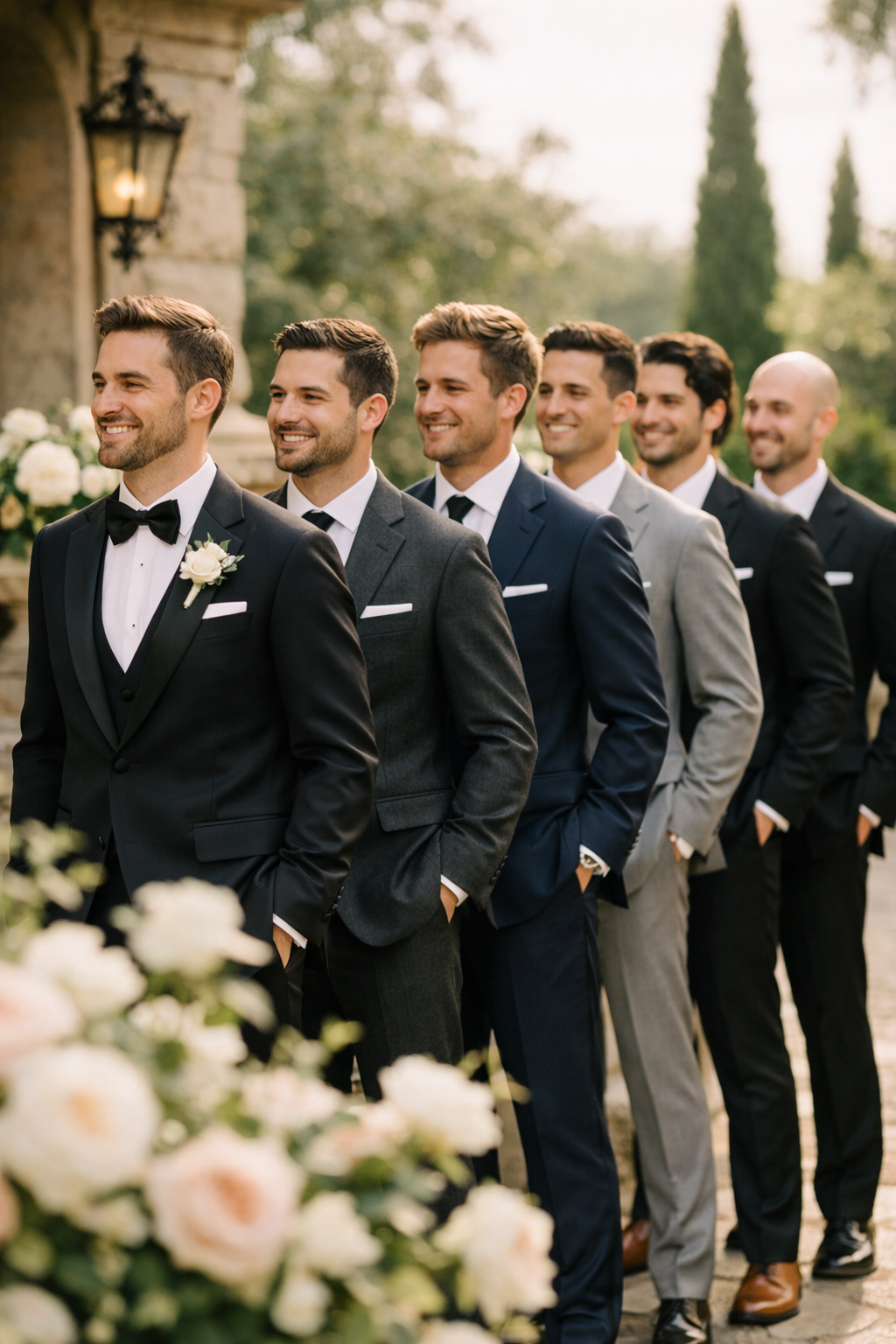A group of groomsmen in suits, lined up with smiles in a beautiful outdoor setting