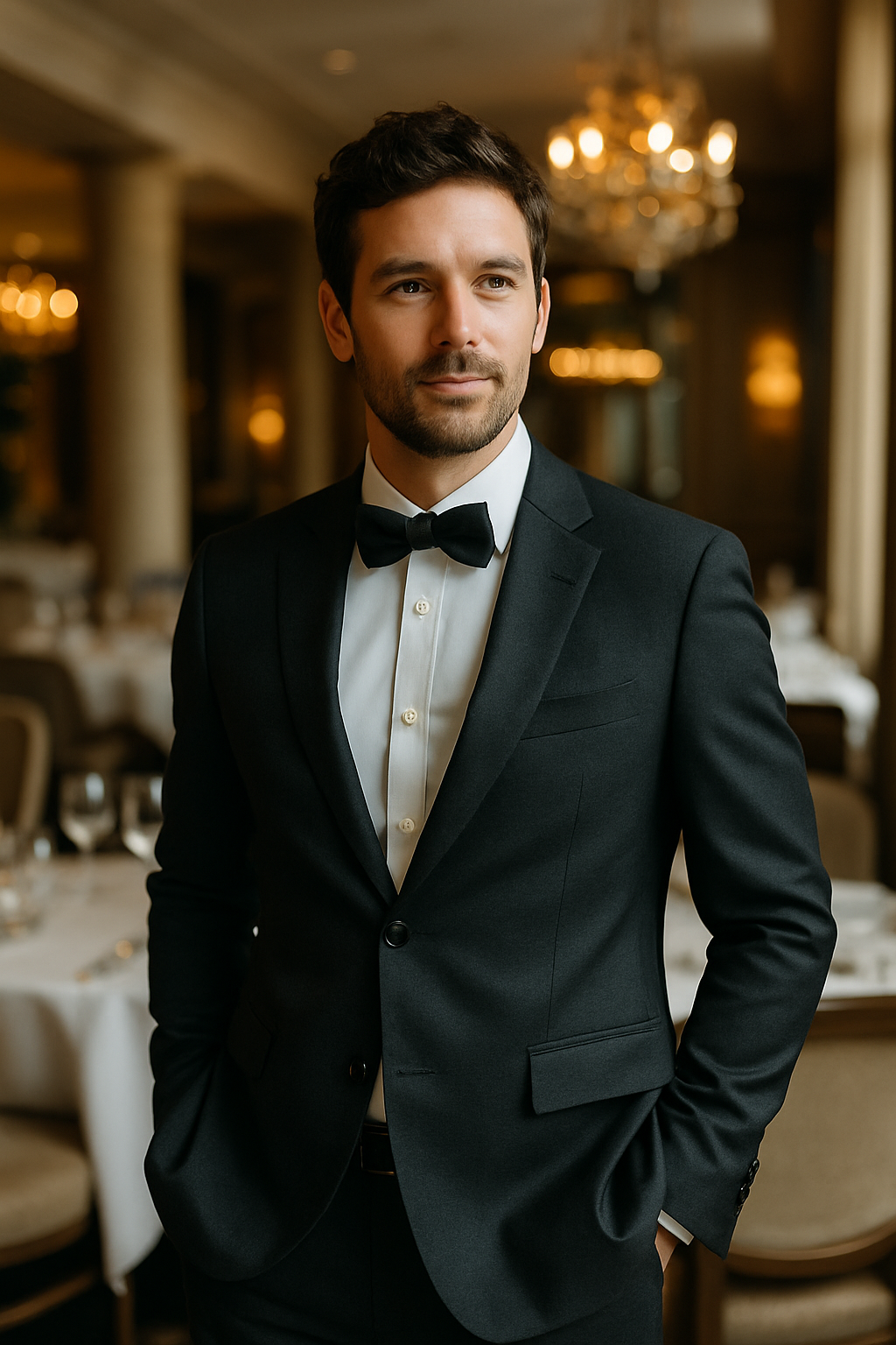 A well-dressed man in a classic black suit with a bow tie stands in a beautifully lit restaurant.