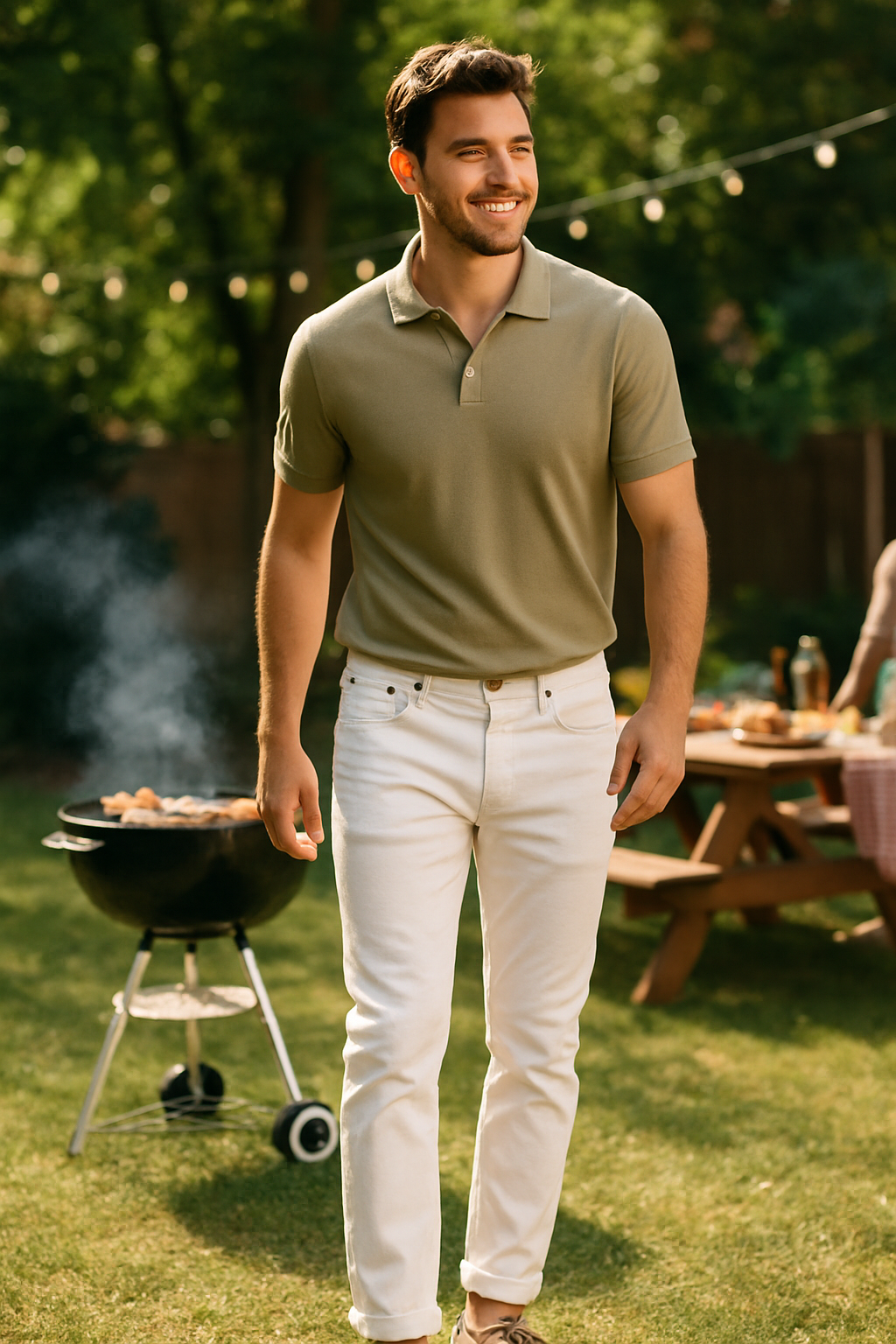A man in a light olive polo shirt and white jeans smiling at a summer party with a barbecue in the background.