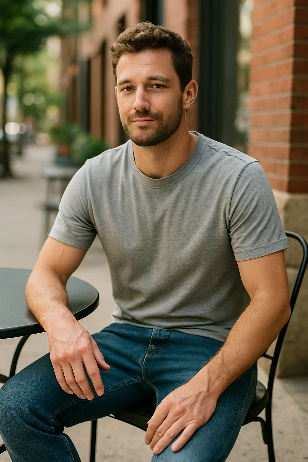 A man in a grey t-shirt and blue jeans sitting at a table outdoors.